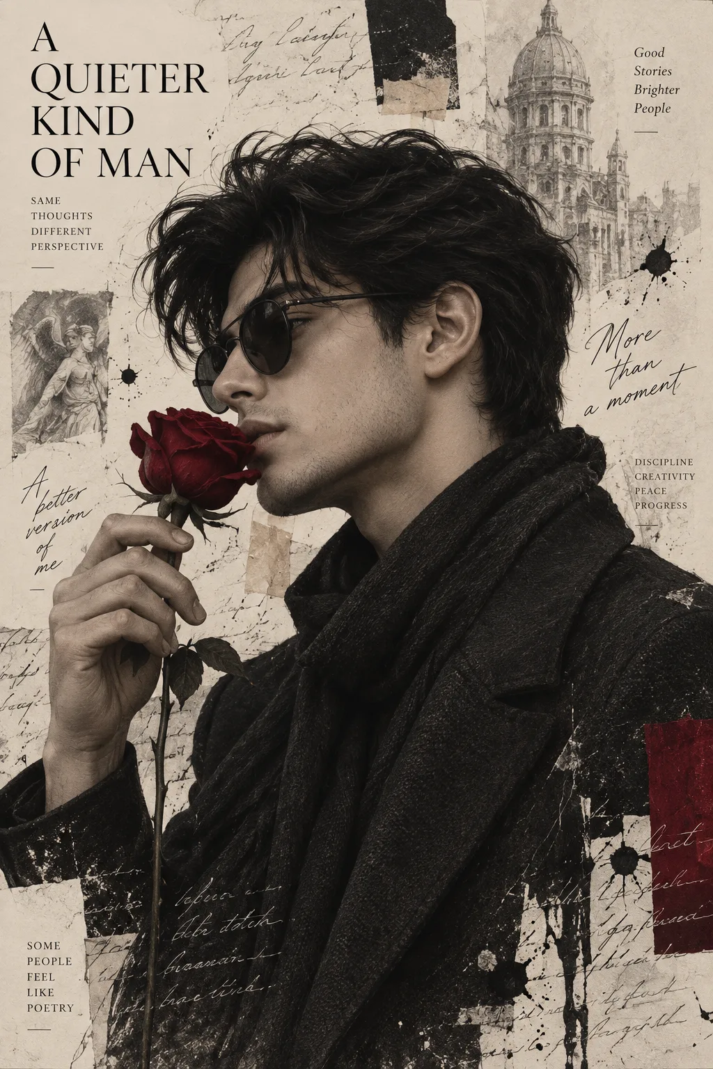 Create a highly detailed editorial mixed-media portrait of a stylish young man, matching the reference composition and visual aesthetic.