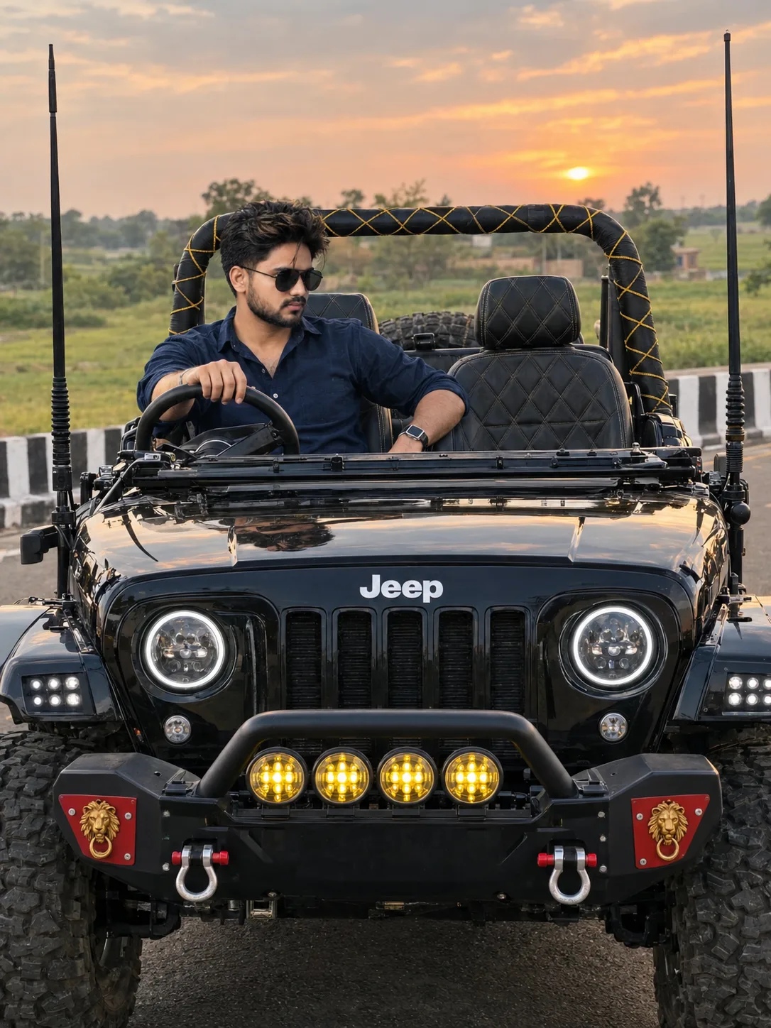 Photorealistic front-facing eye-level shot of a young South Asian man in his mid-20s with stylish black hair and light beard, wearing a