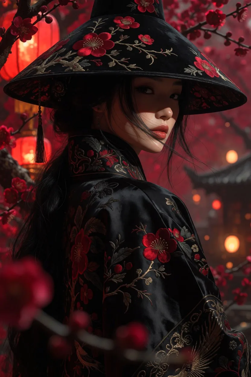 "Cinematic East Asian fantasy portrait of an elegant East Asian woman shown from behind in a close three-quarter profile, turning her head