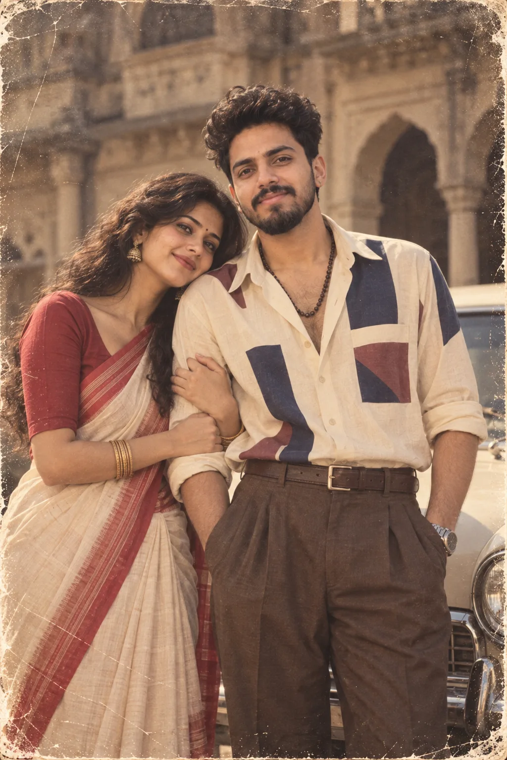 A vintage 1970s/80s-style couple portrait.
