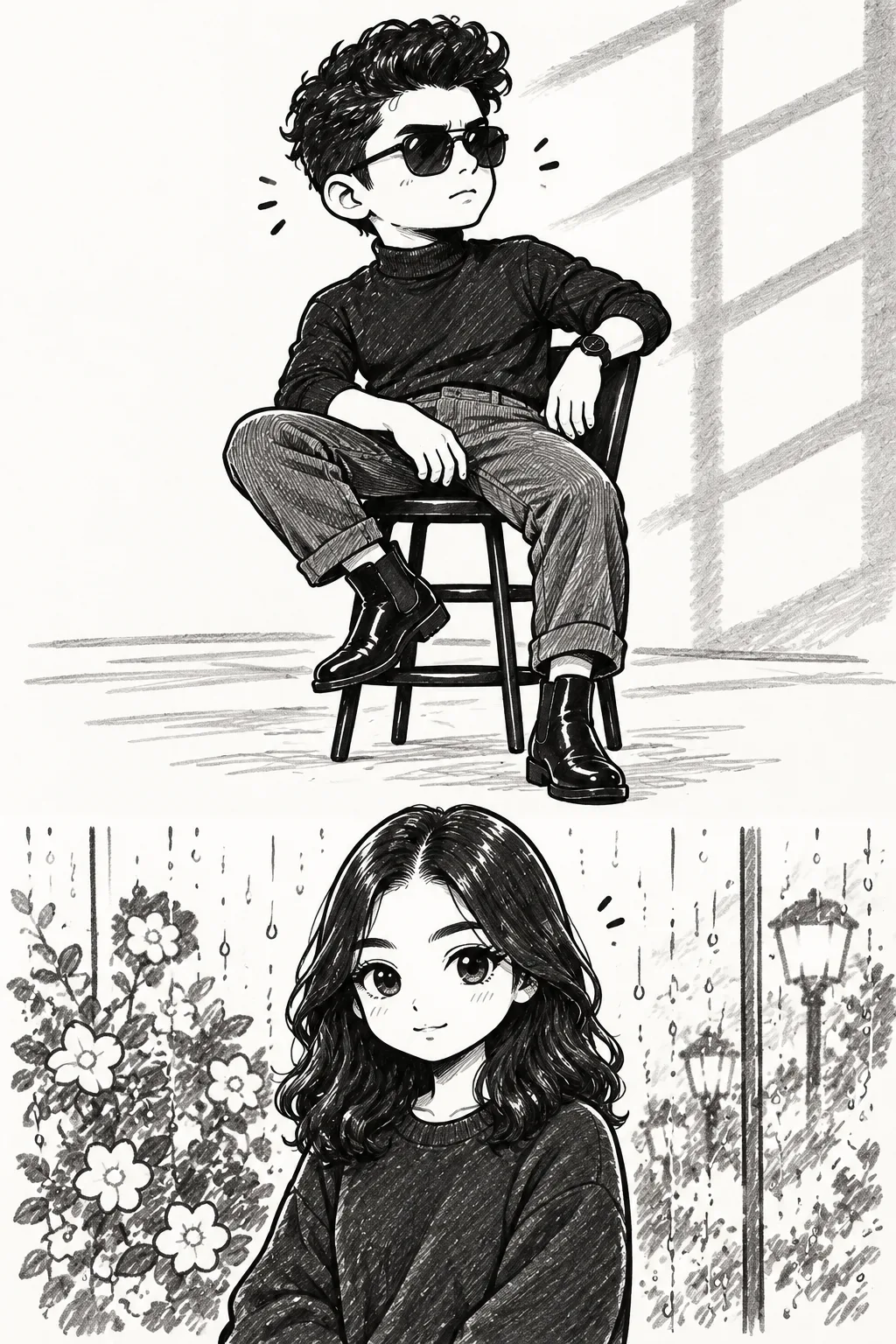 Convert the uploaded photo into a cute black-and-white hand-drawn doodle illustration in the exact style of a minimalist marker