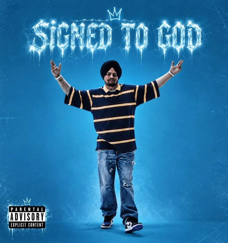 Album Cover Graphic of Punjabi Artist Sidhu Moose Wala on Blue Backdrop