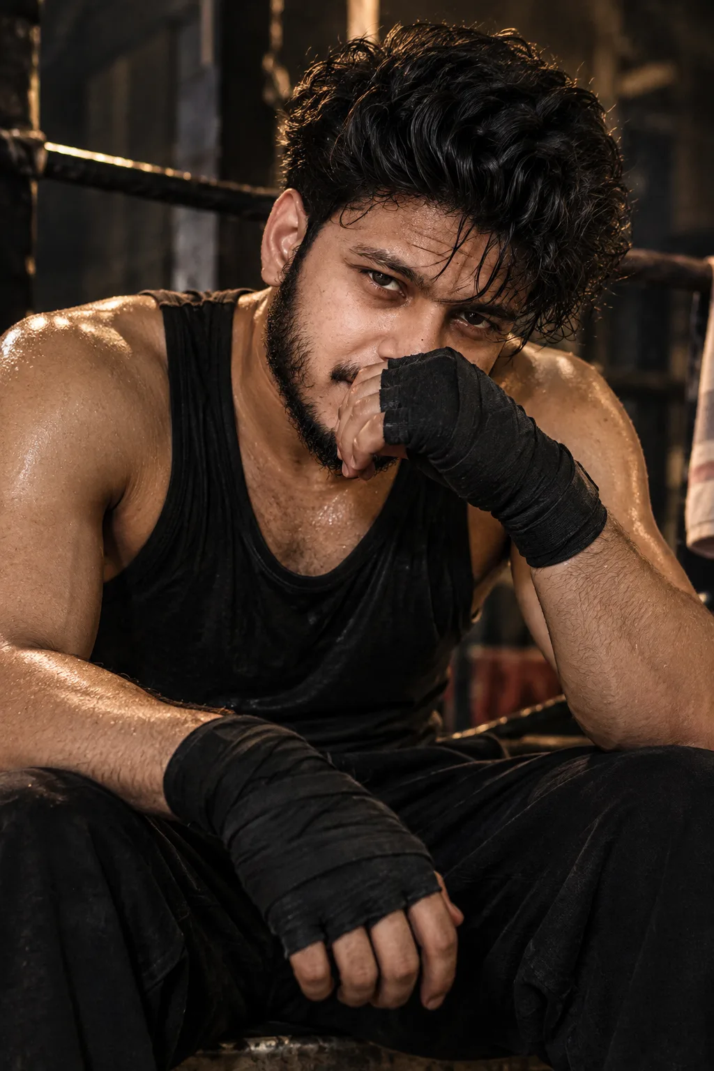 Ultra-realistic cinematic portrait of a young South Asian man sitting inside a gritty boxing gym after an intense workout.