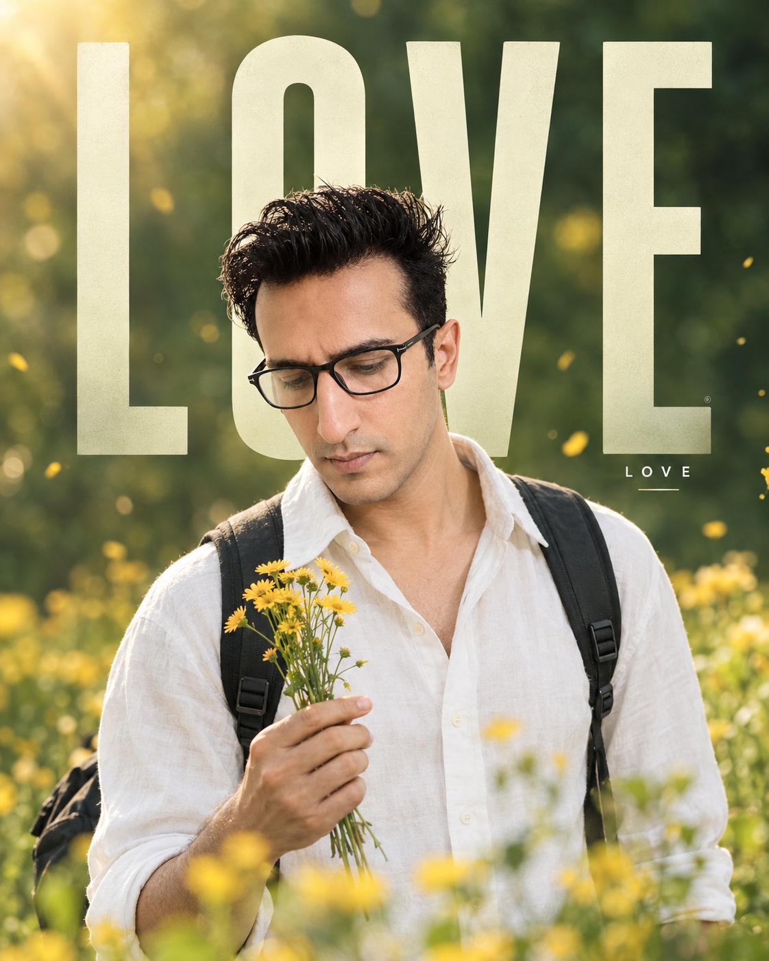 Create a minimal cinematic portrait poster of a stylish young man named HM standing in a flower field holding yellow flowers.
