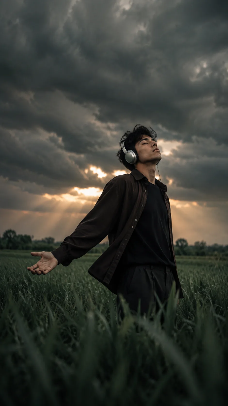 #Cinematic Field Portrait Prompt Ultra-realistic cinematic portrait of a stylish young man standing alone in a vast lush green field of
