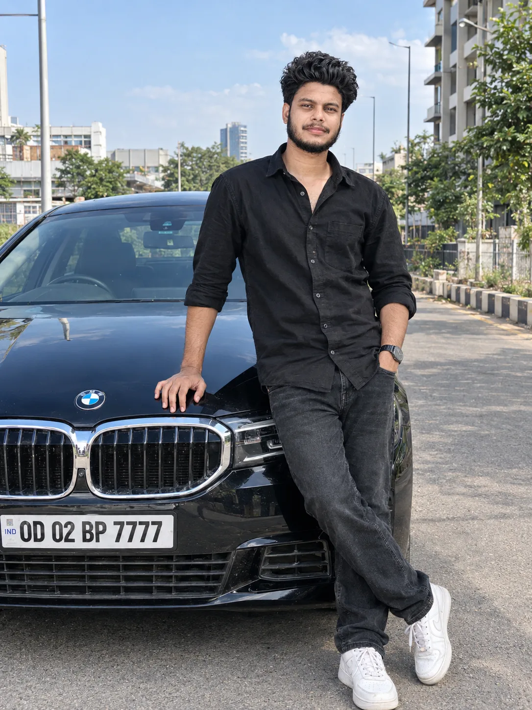 Ultra realistic photograph of a young man standing next to a BMW car during daytime, shot on a real DSLR camera.