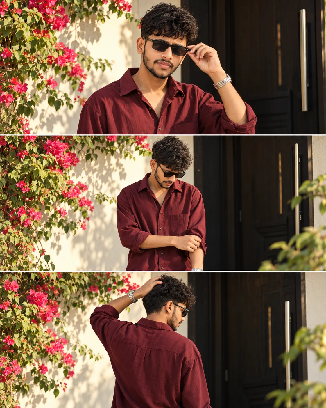 ULTRA-REALISTIC PROFESSIONAL DSLR PHOTOGRAPH, vertical 4:5 triptych collage of the same young South Asian man in three stacked portrait