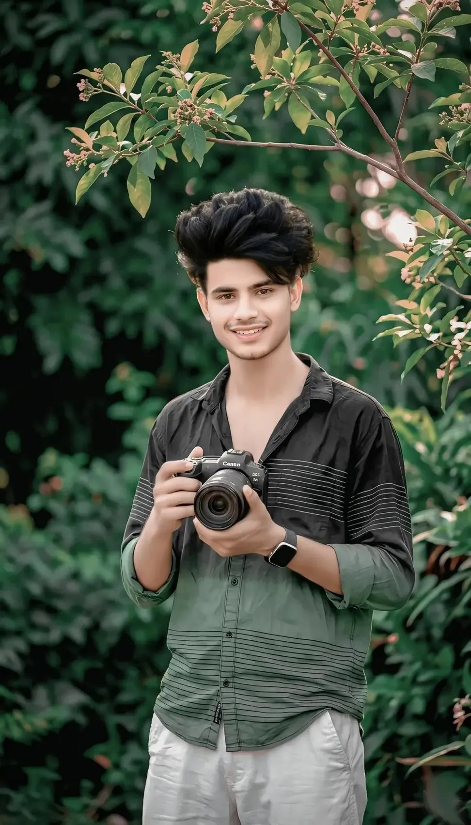 Creat a Ok hvper-realistic dark areen portrait cinematic image with dramatic smile actions uploaded photo 100% face match) of A stvlish