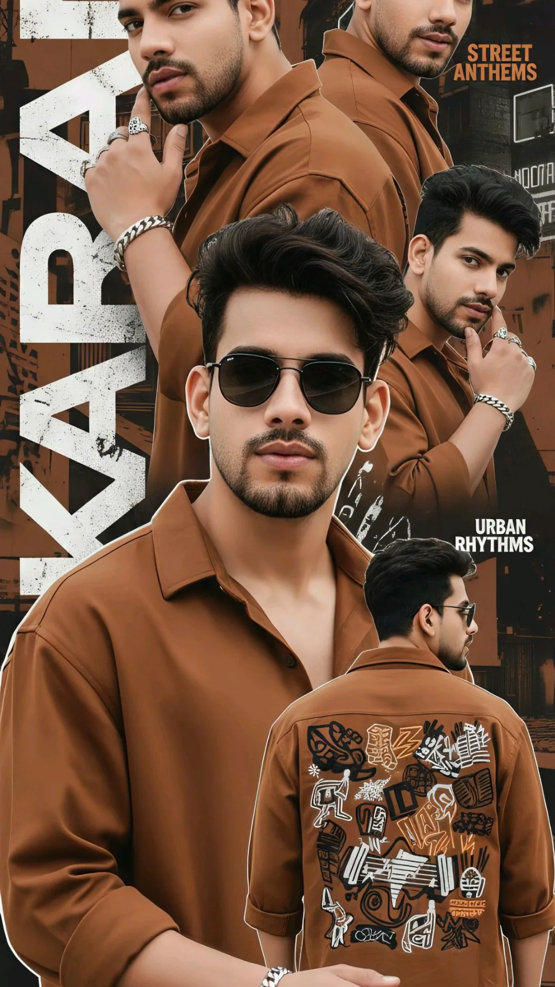 CONCEPT: Urban fashion collage poster featuring four layered cutouts of a male model in an oversized brown button-down shirt, showing