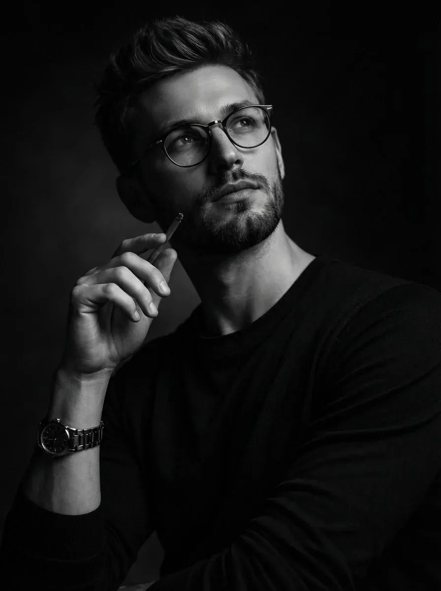 A dramatic black and white studio portrait of a thoughtful man with short styled hair, light stubble beard, and round eyeglasses, wearing a