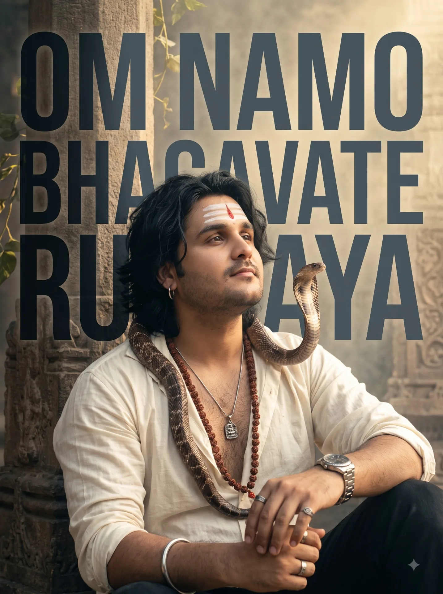 A cinematic ultra-realistic portrait of a handsome young Indian man seated calmly beside an ancient weathered stone pillar in a mystical