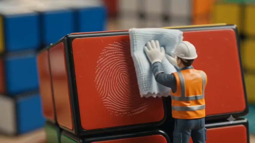 Miniature workers clean Rubik's Cube