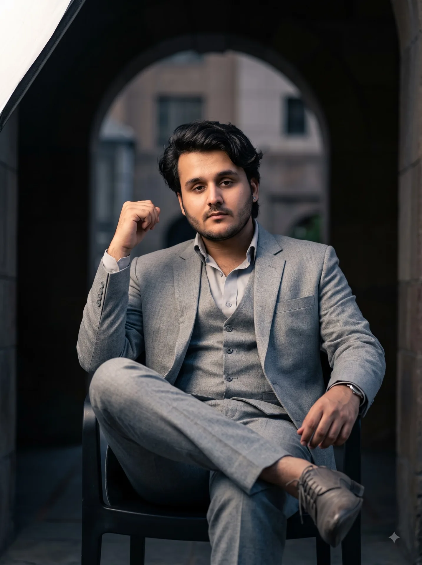 person from the reference photo is seated confidently in a deep dark arched alcove, torso upright and relaxed, legs crossed casually, one
