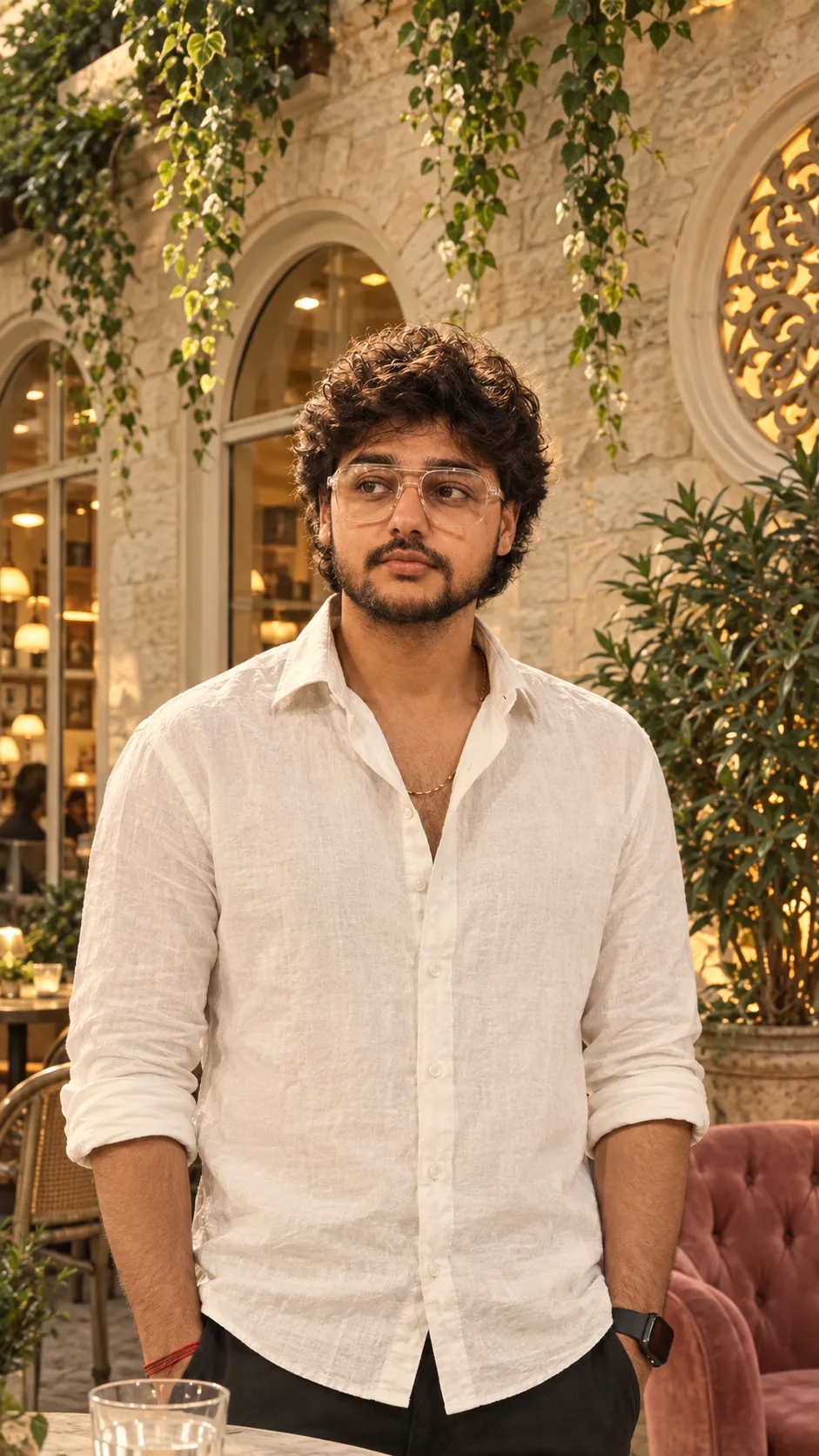 "A warm, candid lifestyle portrait of a young man with thick, soft, tousled black wavy hair and a short, neatly trimmed black beard and