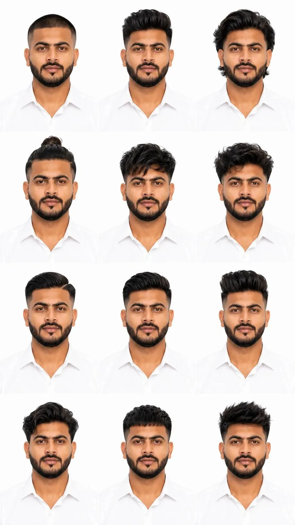 Generate a high-resolution 3x4 grid of the uploaded person wearing a crisp white shirt, with 12 different hairstyles.