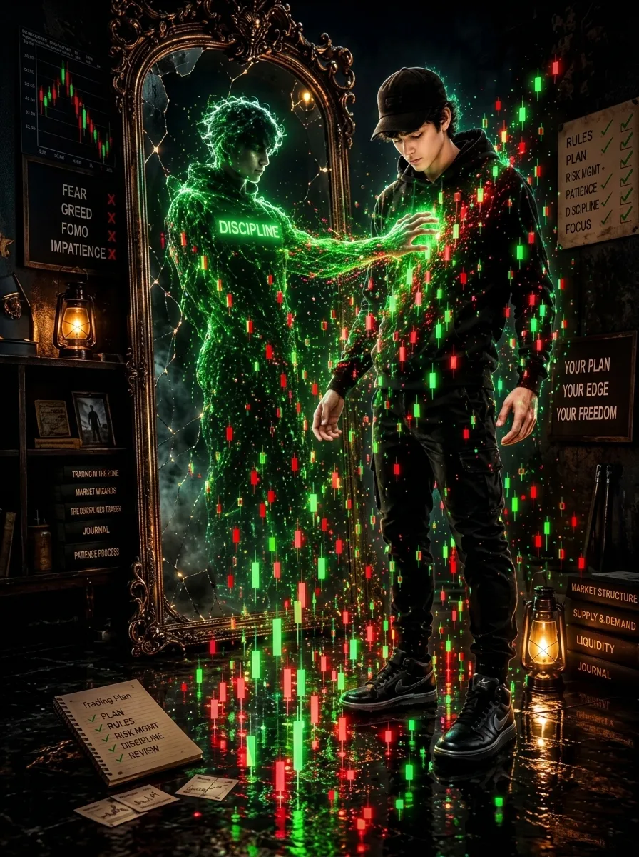 A high-quality 9:16 aspect ratio conceptual artwork about trading psychology.
