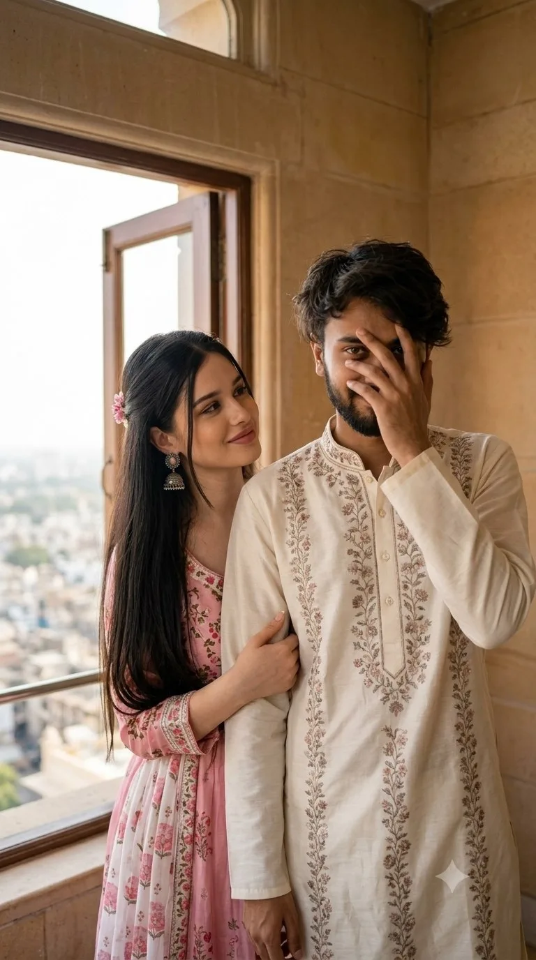 Create an ultra-realistic cinematic vertical 9:16 DSLR-quality candid photograph of a young South Asian Indian couple standing closely