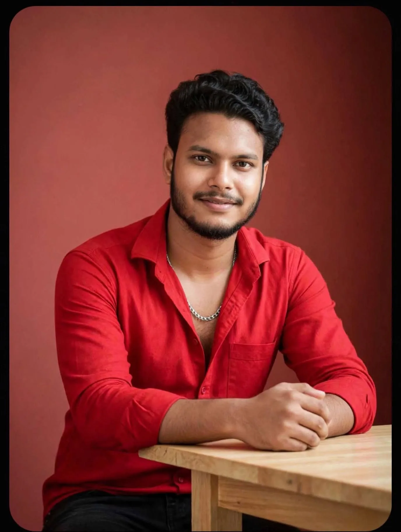 Cinematic portrait of a young Indian man with short black wavy hair and light beard, wearing a bright red shirt with open collar and silver
