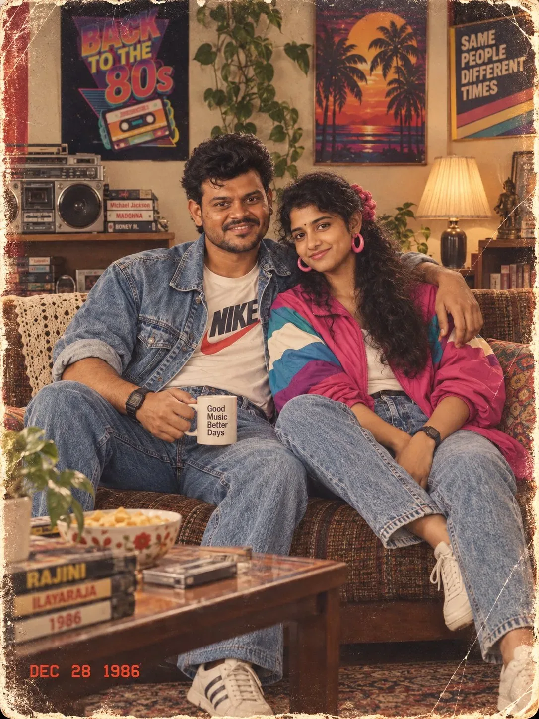 A photorealistic, high-resolution full-body retro vintage portrait of a cheerful, loving young South Asian couple relaxing together on a