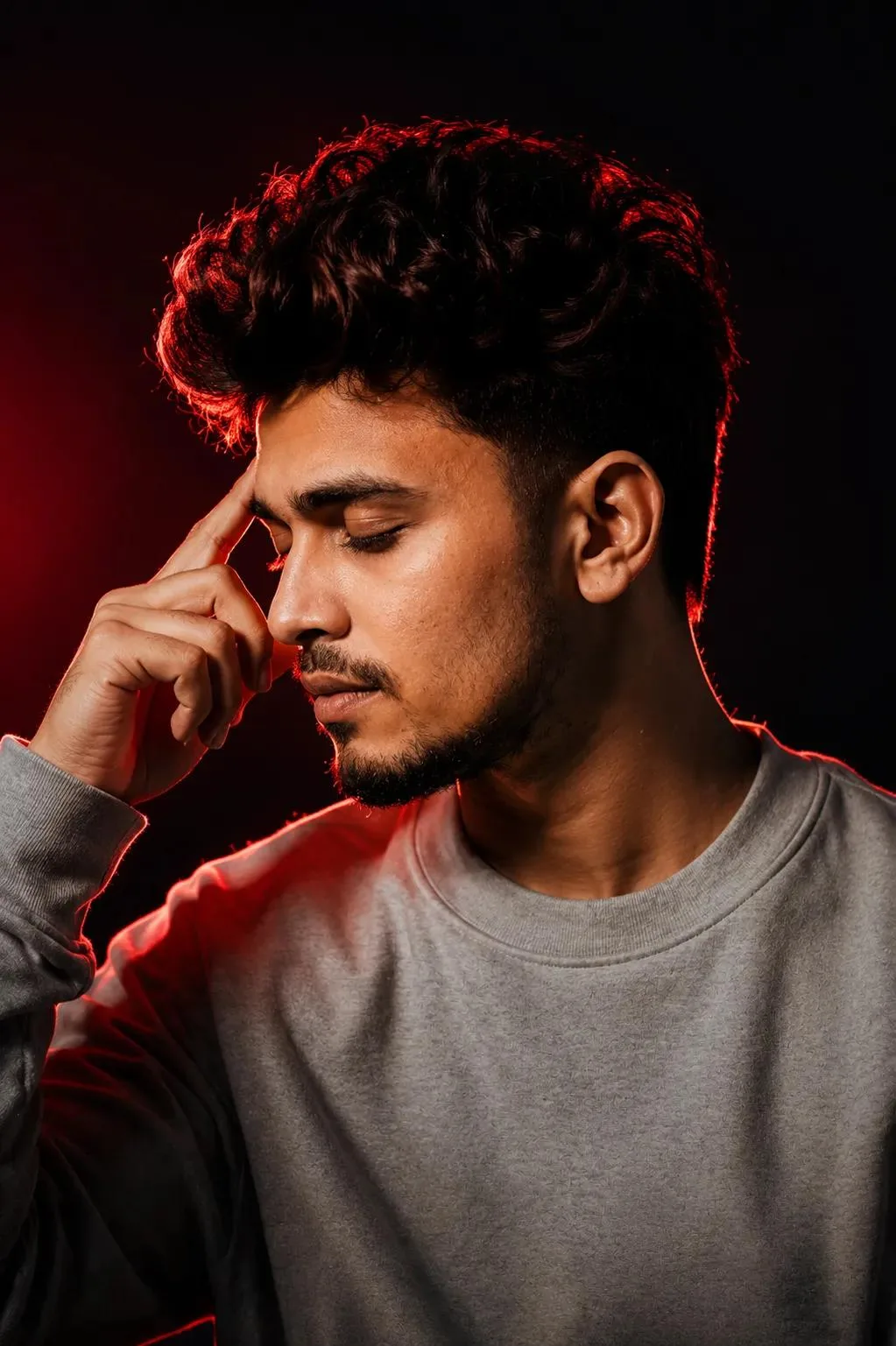 A dramatic side-profile portrait of a young South Asian man with styled short textured dark hair and a well-groomed beard, eyes gently