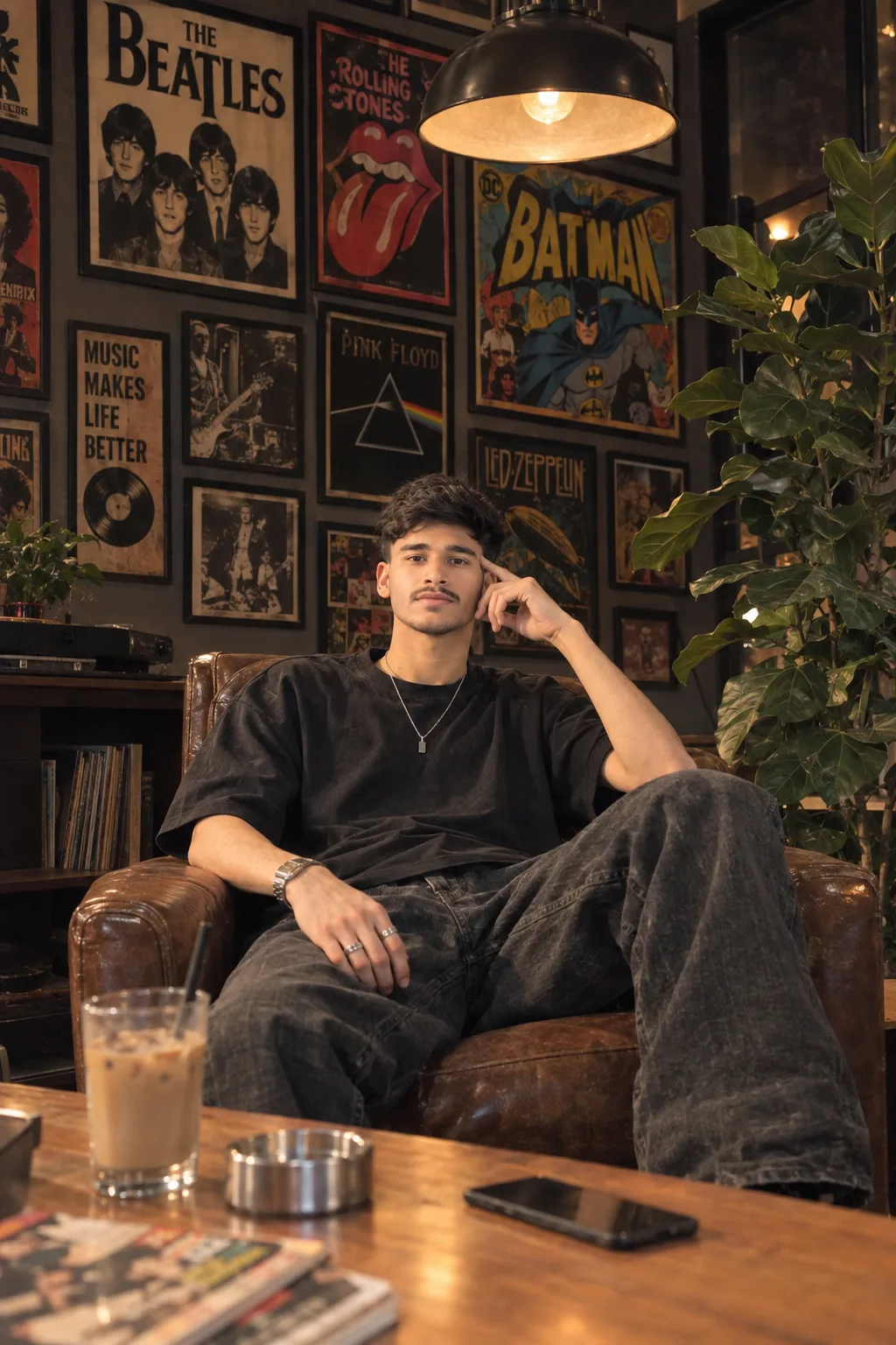 Create an ultra-realistic, high-end cinematic lifestyle portrait of a young man sitting casually in a vintage brown leather armchair inside