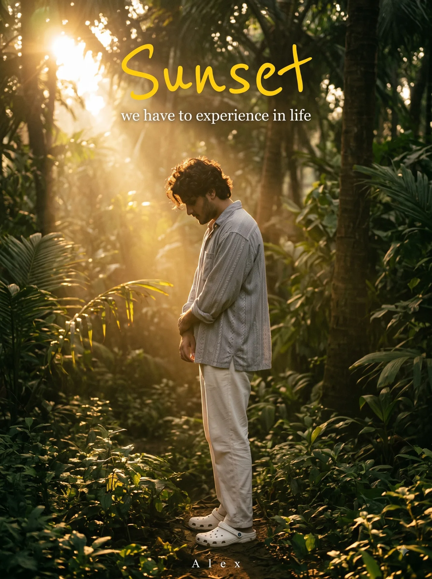 Cinematic vintage lifestyle photograph of a young South Asian man standing alone in dense lush tropical greenery at sunrise, full-body side