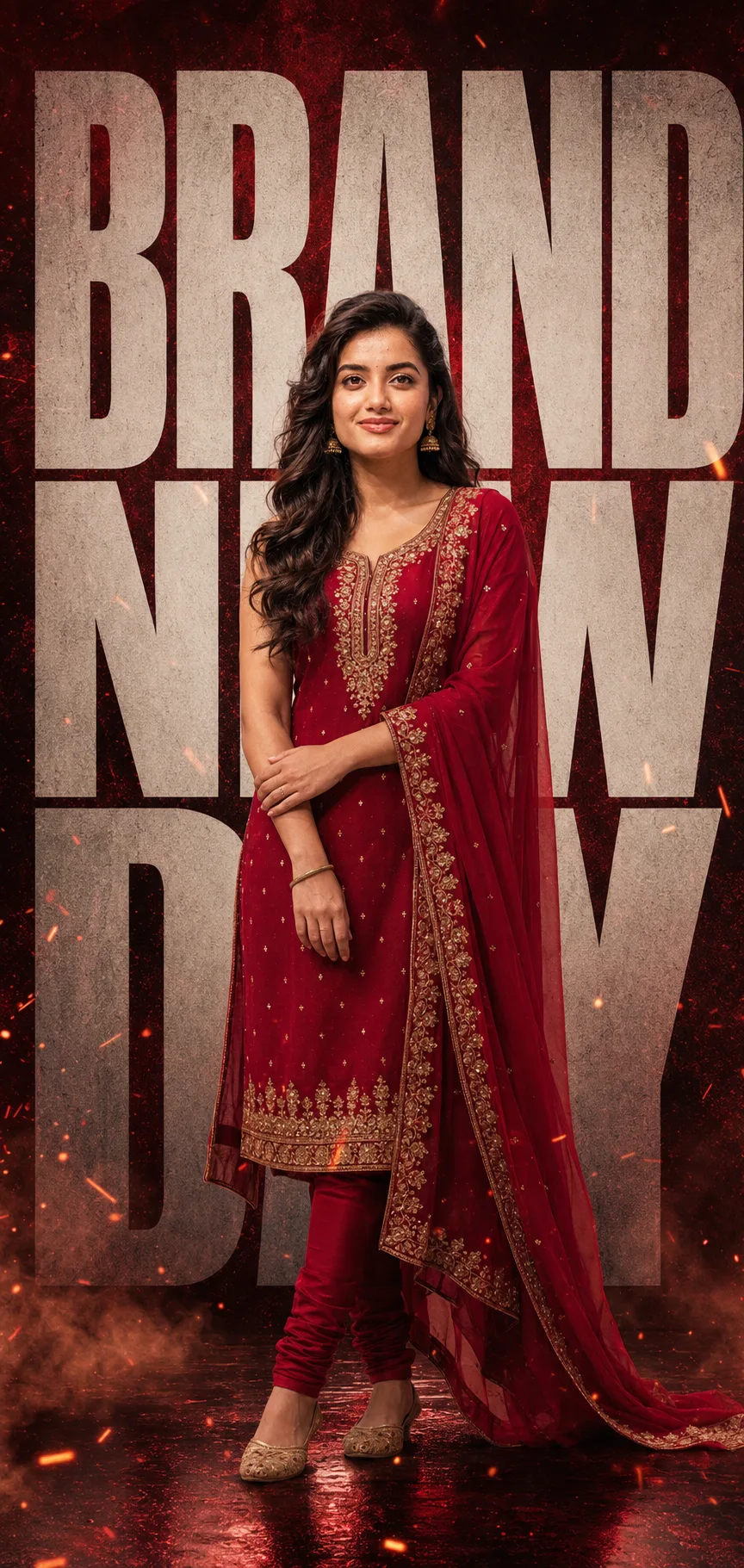 Create a powerful, ultra-realistic cinematic full-body portrait of a young Indian woman, using the uploaded reference image as the ONLY