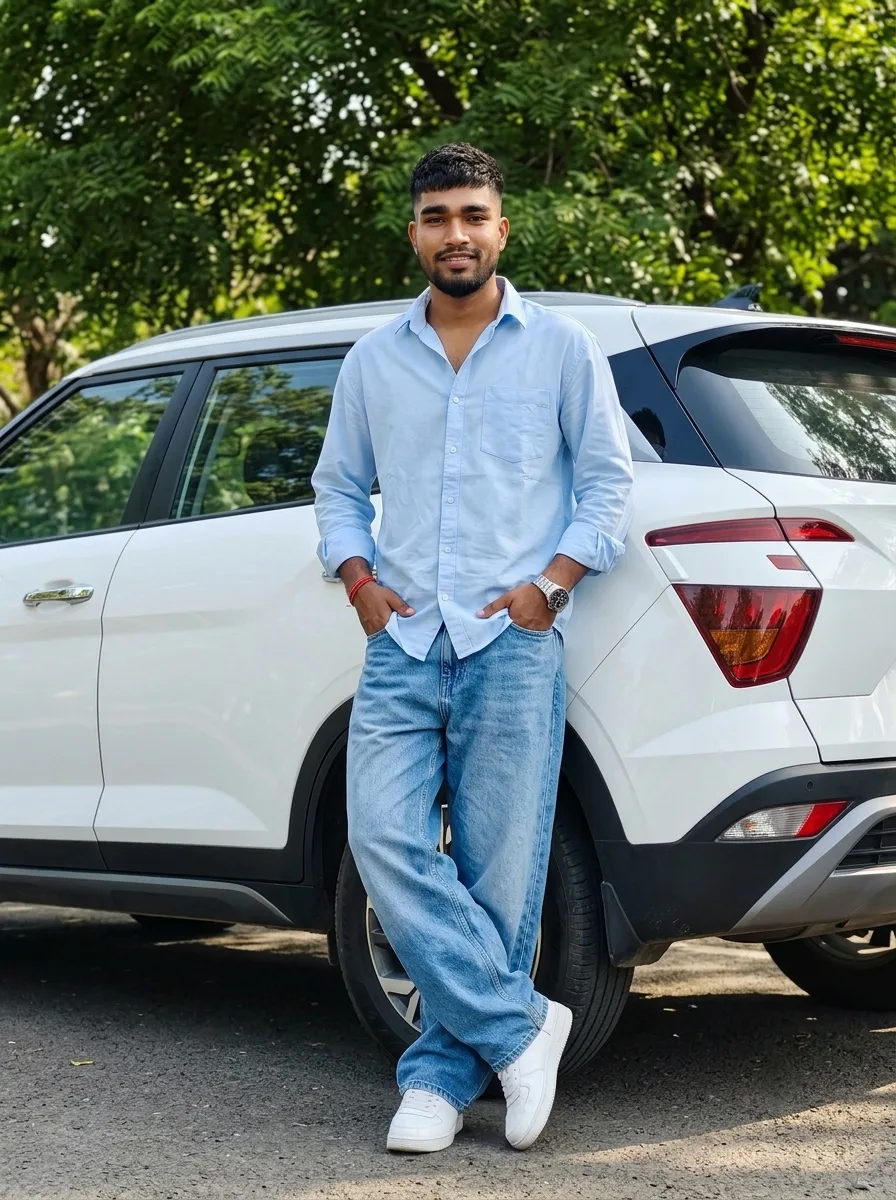 A photorealistic full-body vertical portrait of the young South Asian man from the reference image, faithfully preserving his exact