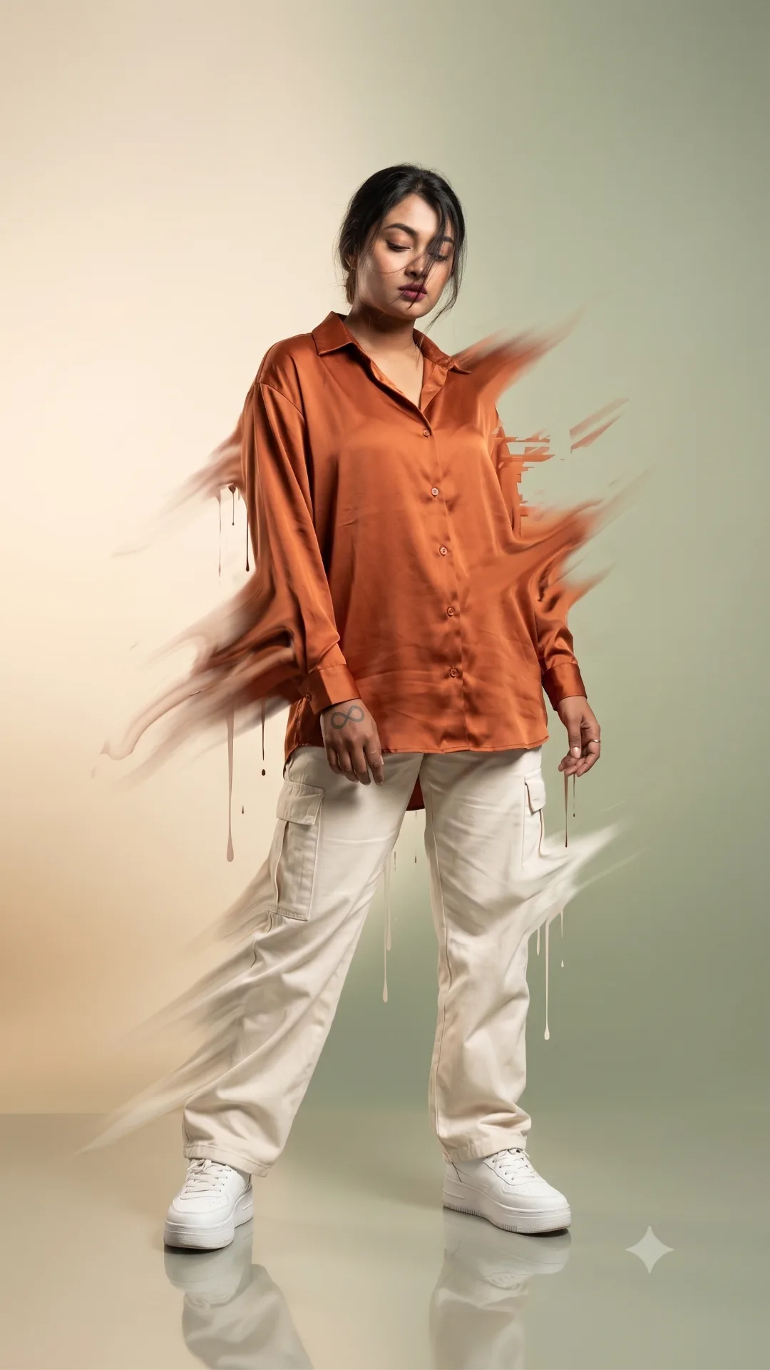 A cinematic editorial portrait of a stylish young woman standing in a confident yet soft dynamic pose, head slightly lowered with loose