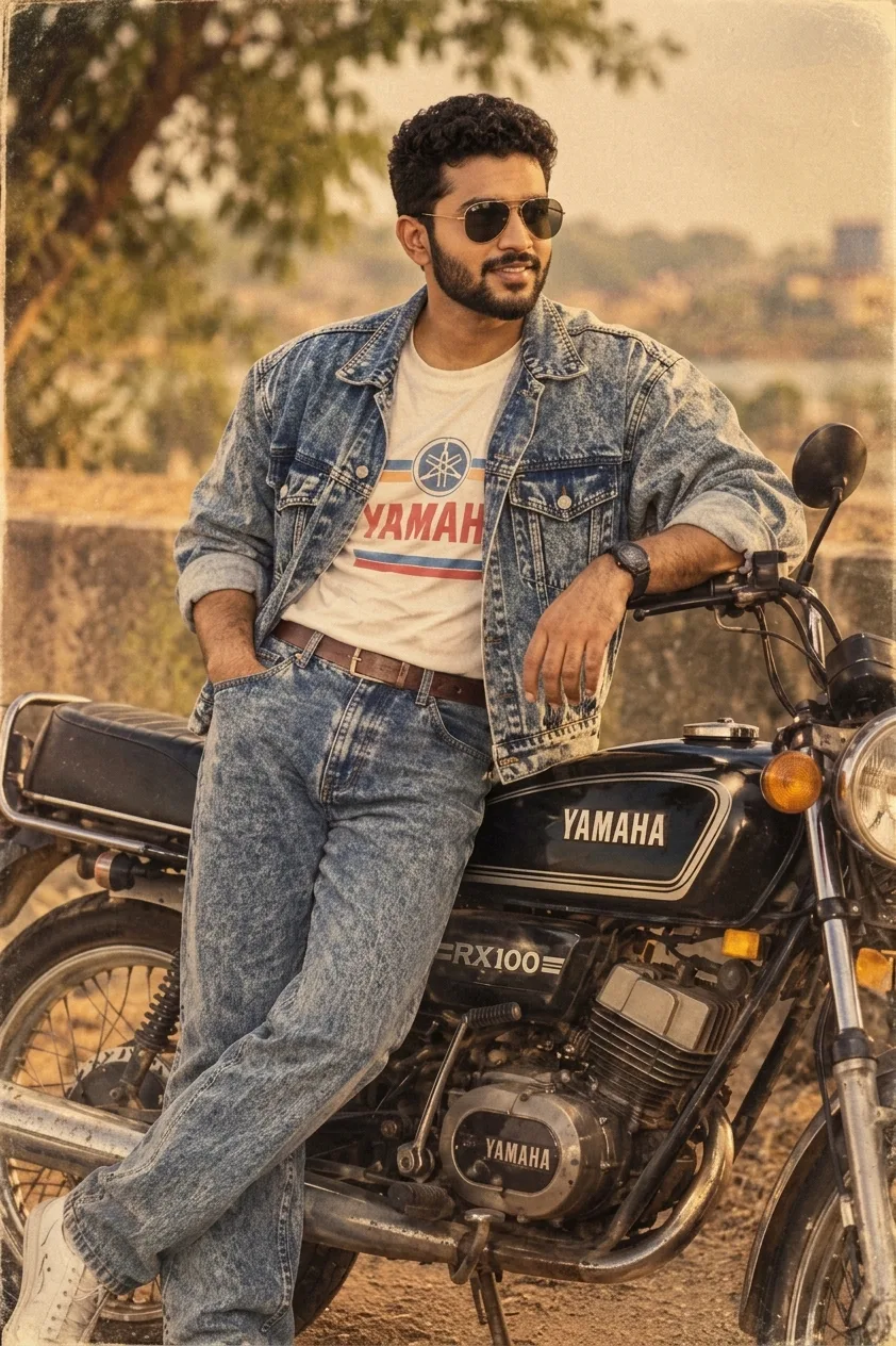 Photorealistic vintage 1980sโ1990s Indian street portrait of a stylish young man casually leaning against a classic Yamaha RX100