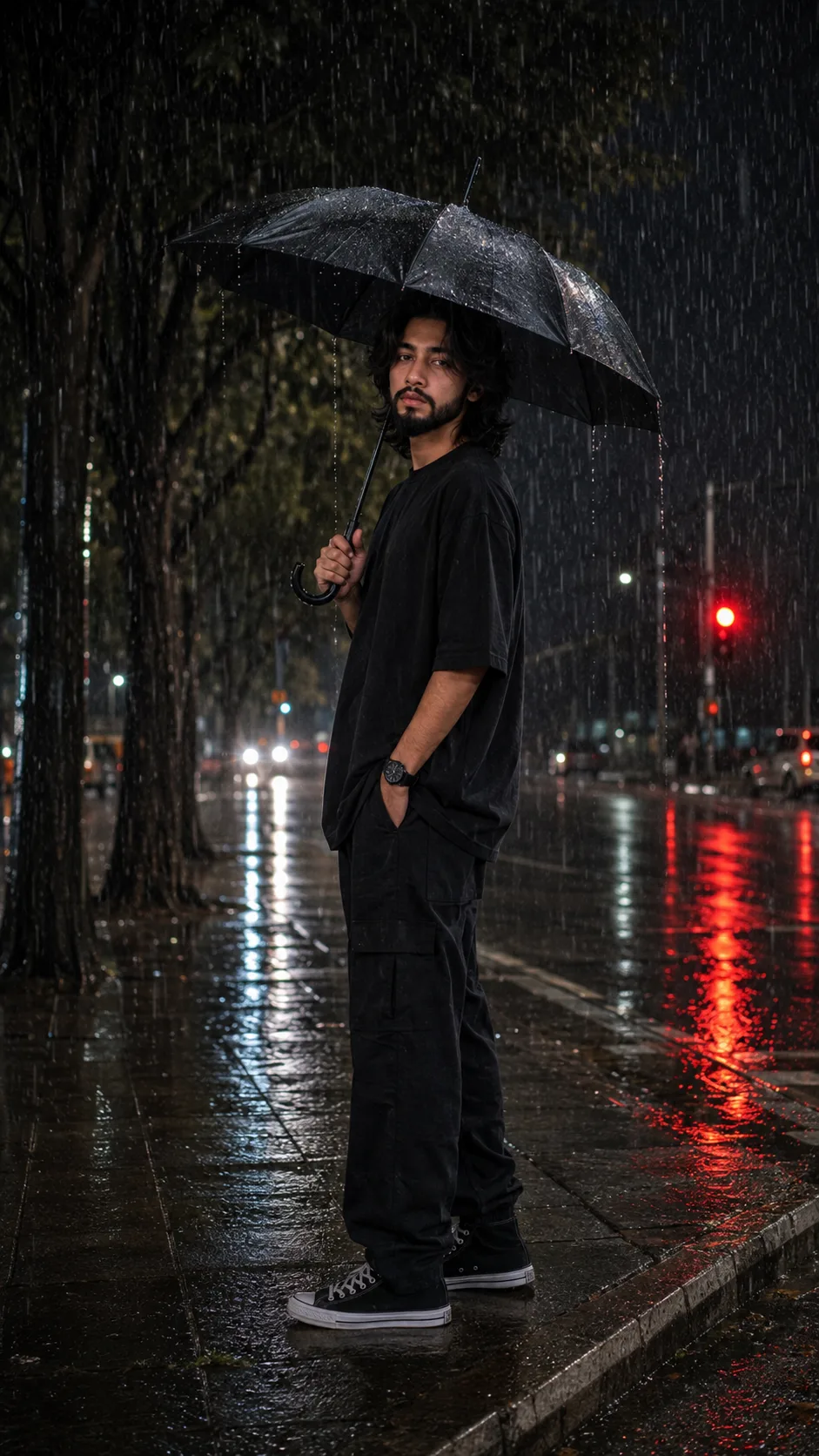 A full-body photograph captures a man with dark hair standing on a rain-slicked city street at night, holding an open black umbrella in his