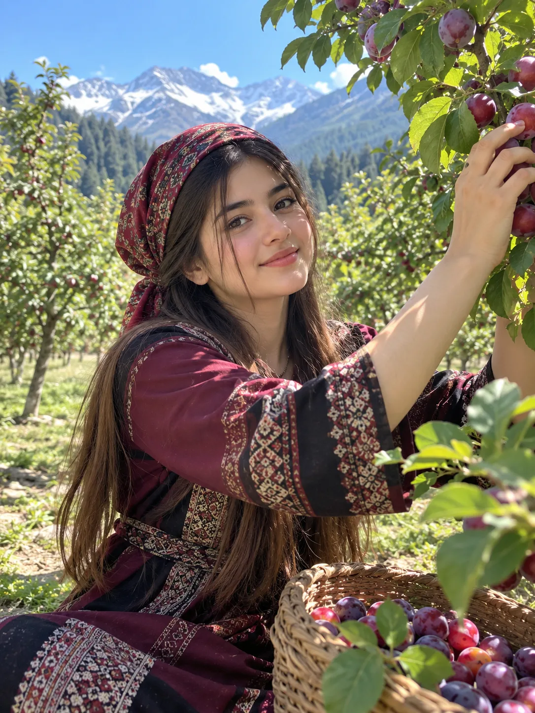 convert the uploaded image into a smiling young woman close-up shot of her face seating in a Kashmir Plum field Mountain with Behind snow