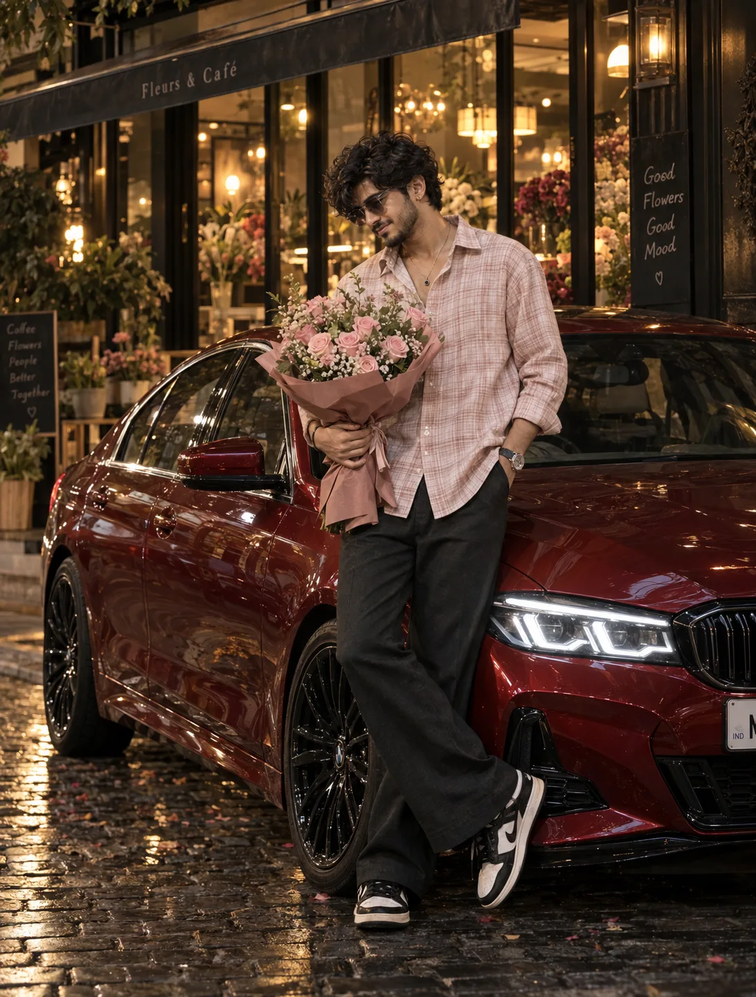 Create a "highly photorealistic cinematic Indian fashion-lifestyle photograph of a young South Asian/Indian man standing casually beside a