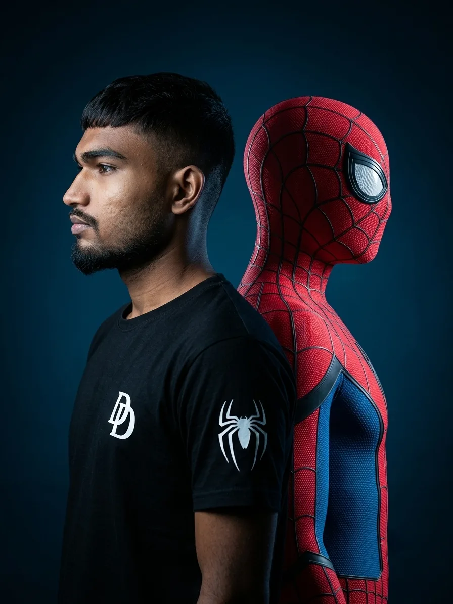 A studio portrait featuring two subjects positioned back-to-back against a dark, moody blue background.