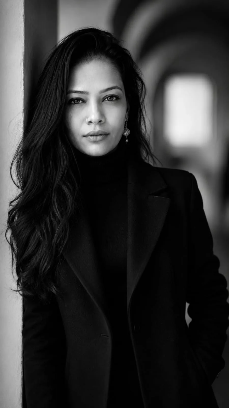 Create a black and white, photorealistic, 8K ultra-detailed, DSLR portrait.