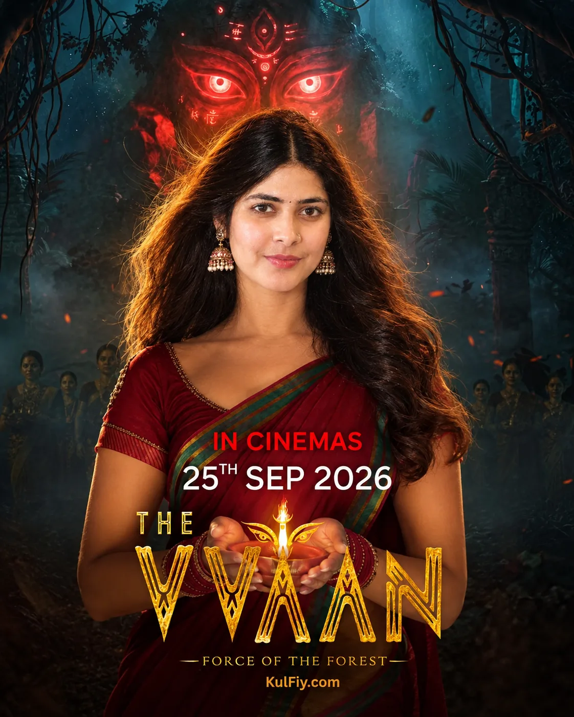 Create a premium cinematic supernatural Indian movie poster using the uploaded image as the visual reference.