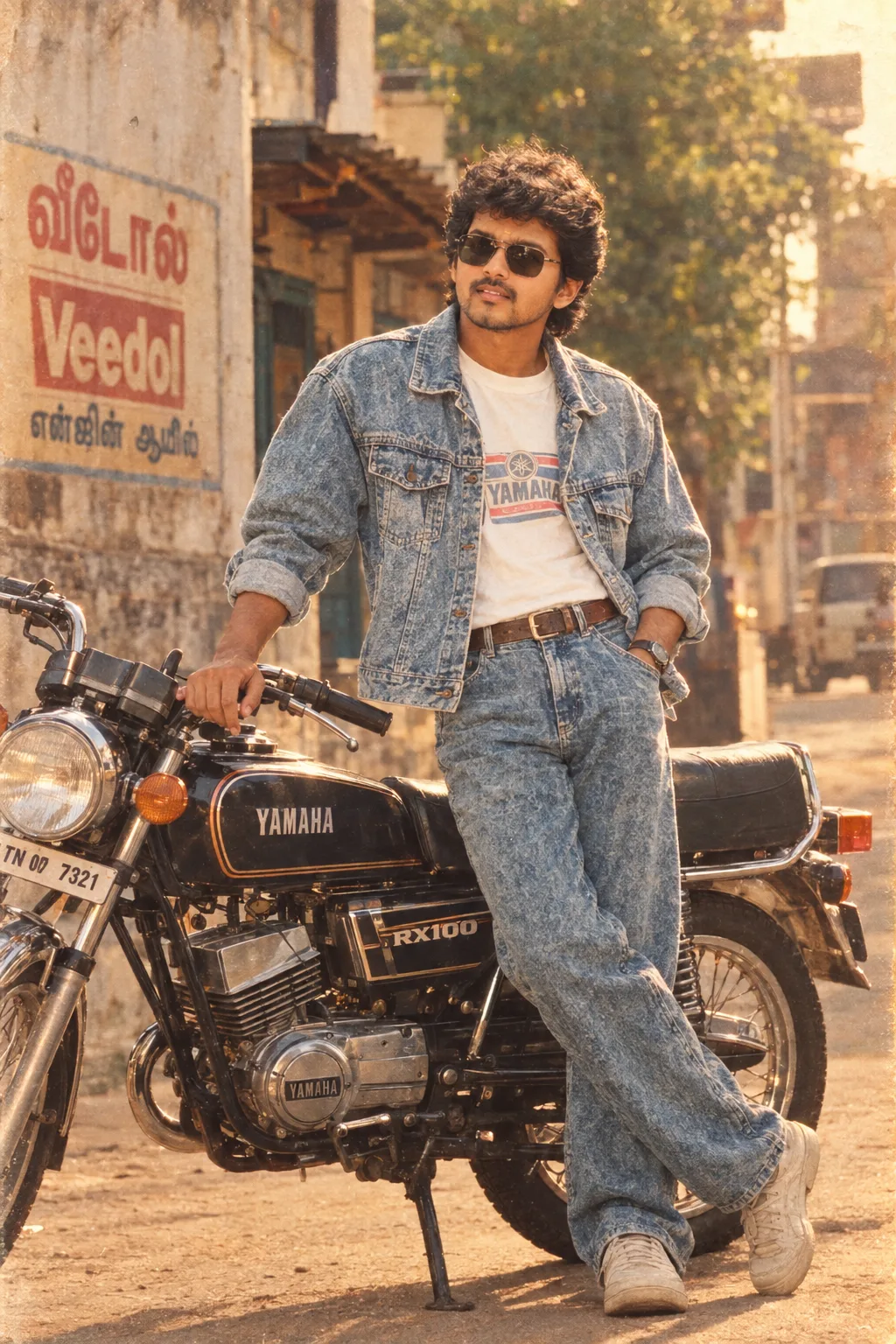Create a highly detailed, photorealistic vintage 1980s–1990s Indian retro lifestyle portrait of a stylish young man standing confidently