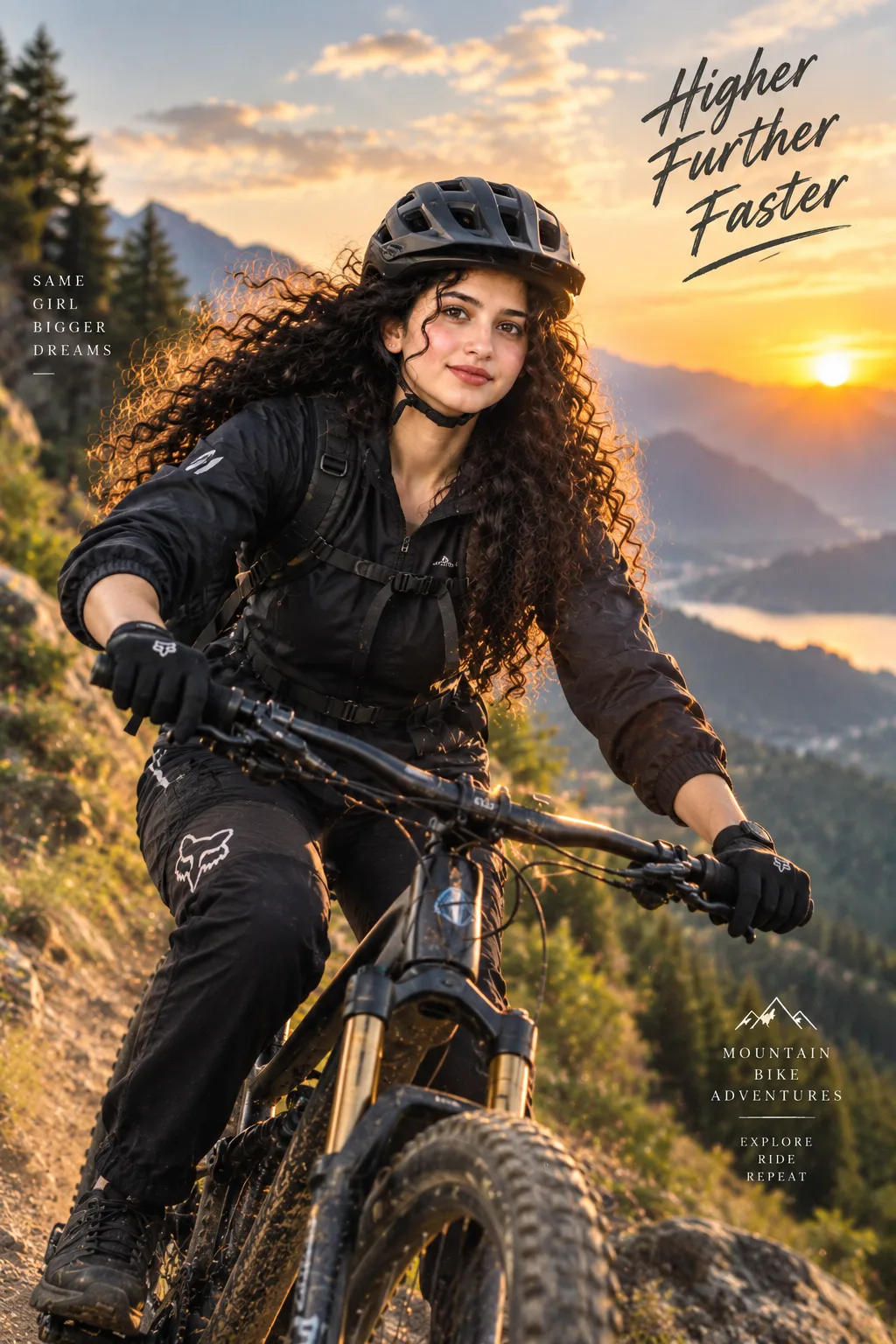 Create an ultra-photorealistic cinematic mountain-bike adventure portrait of ME, using my uploaded personal photograph as the PRIMARY and