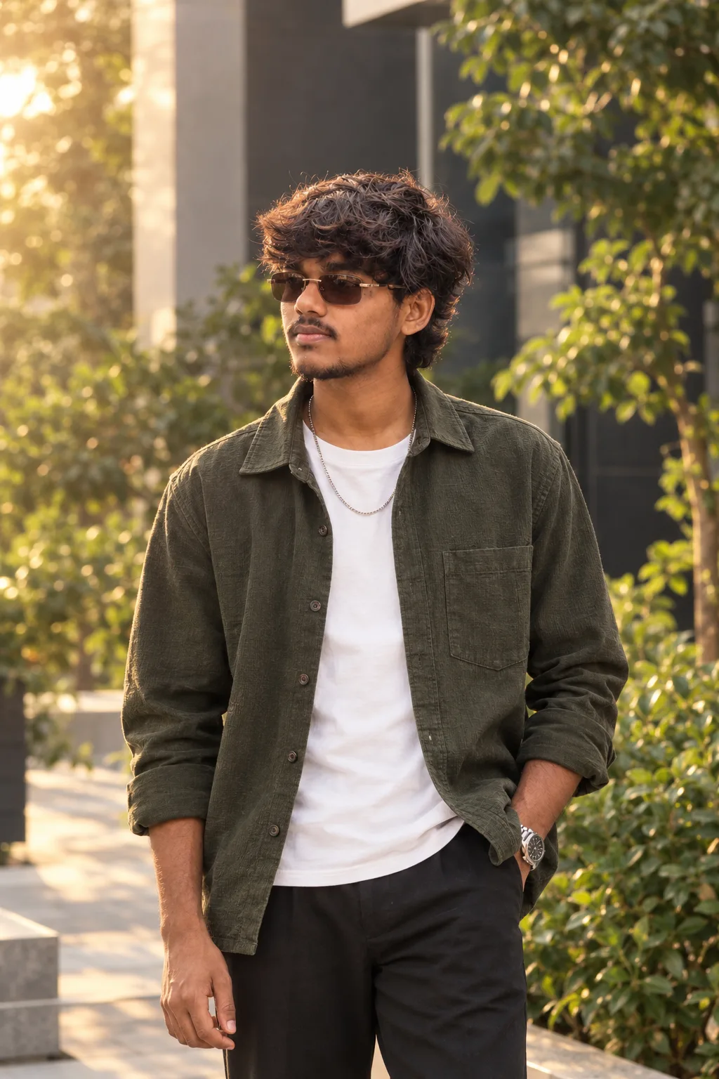 Ultra-realistic cinematic fashion portrait of a stylish young South Asian man standing casually outdoors in a sophisticated urban setting.