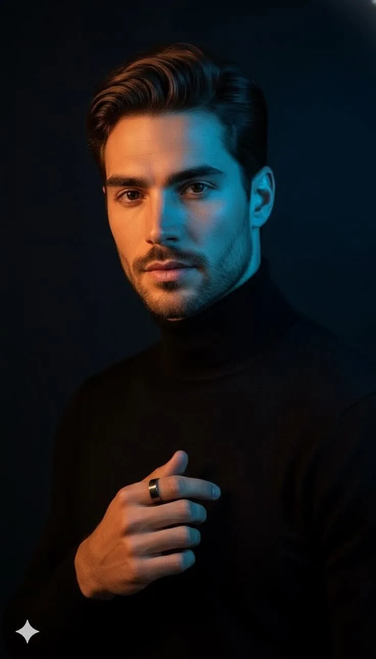 An absolute visual masterpiece, hyper-photorealistic and ultra-detailed three-quarter vertical studio portrait capturing a highly handsome,