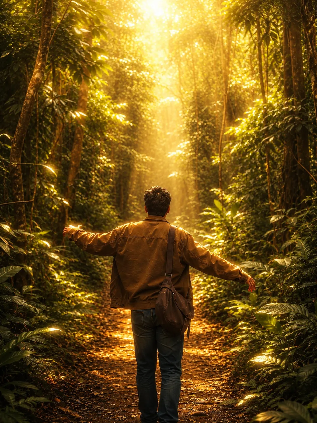 Soft dreamy golden glow, warm sunlight bloom, ethereal forest lighting, cinematic sun rays filtering through trees, luminous green