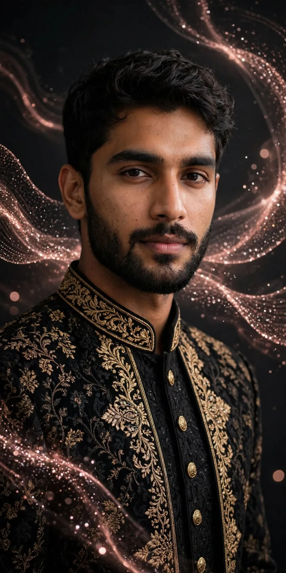 Ultra-realistic cinematic luxury portrait of a person, wearing elegant black luxury attire with fine embroidery, soft studio lighting on