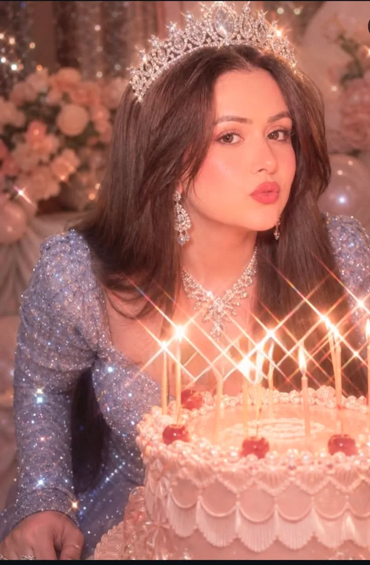 A glamorous young woman wearing a luxurious shimmering silver-blue gown with sparkling sequins and elegant long sleeves, seated behind a