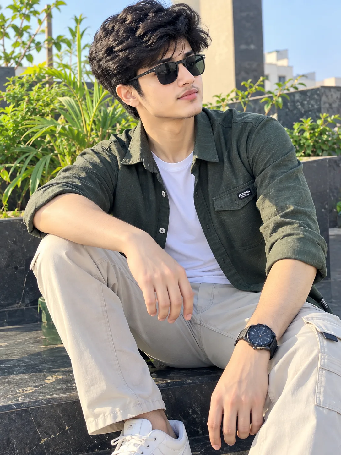 A handsome young man wearing an olive-green overshirt, white T-shirt, cream cargo pants, white sneakers, and stylish sunglasses.