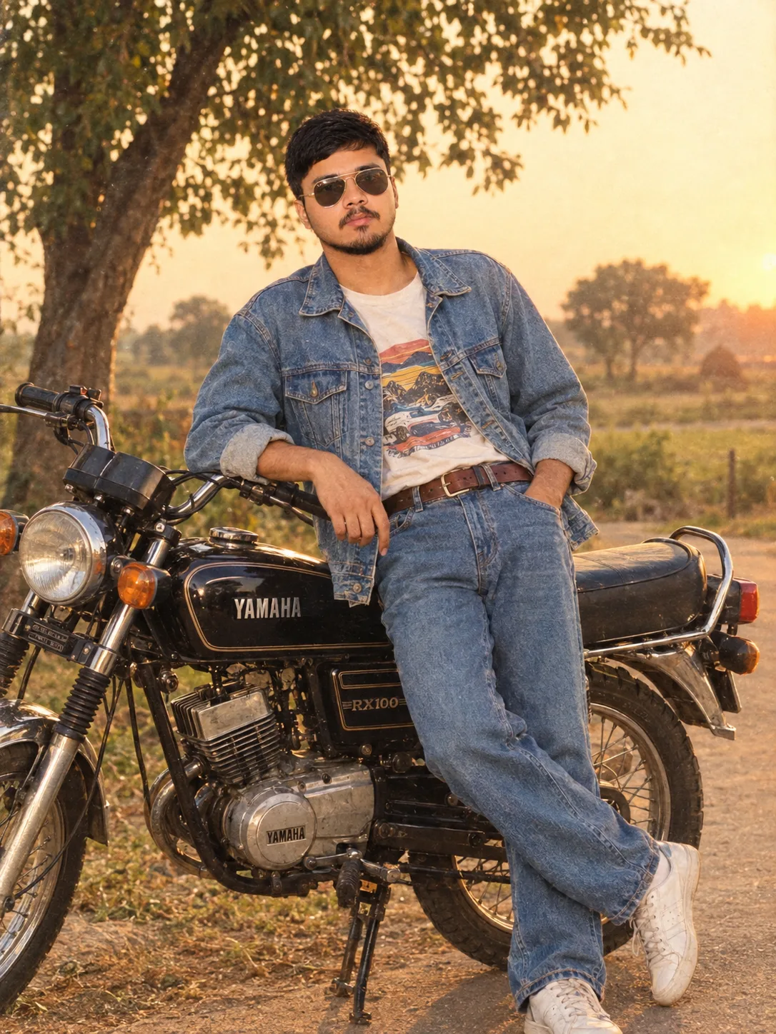 Photorealistic vintage 1980s–1990s Indian street portrait of a stylish young man casually leaning against a classic Yamaha RX100