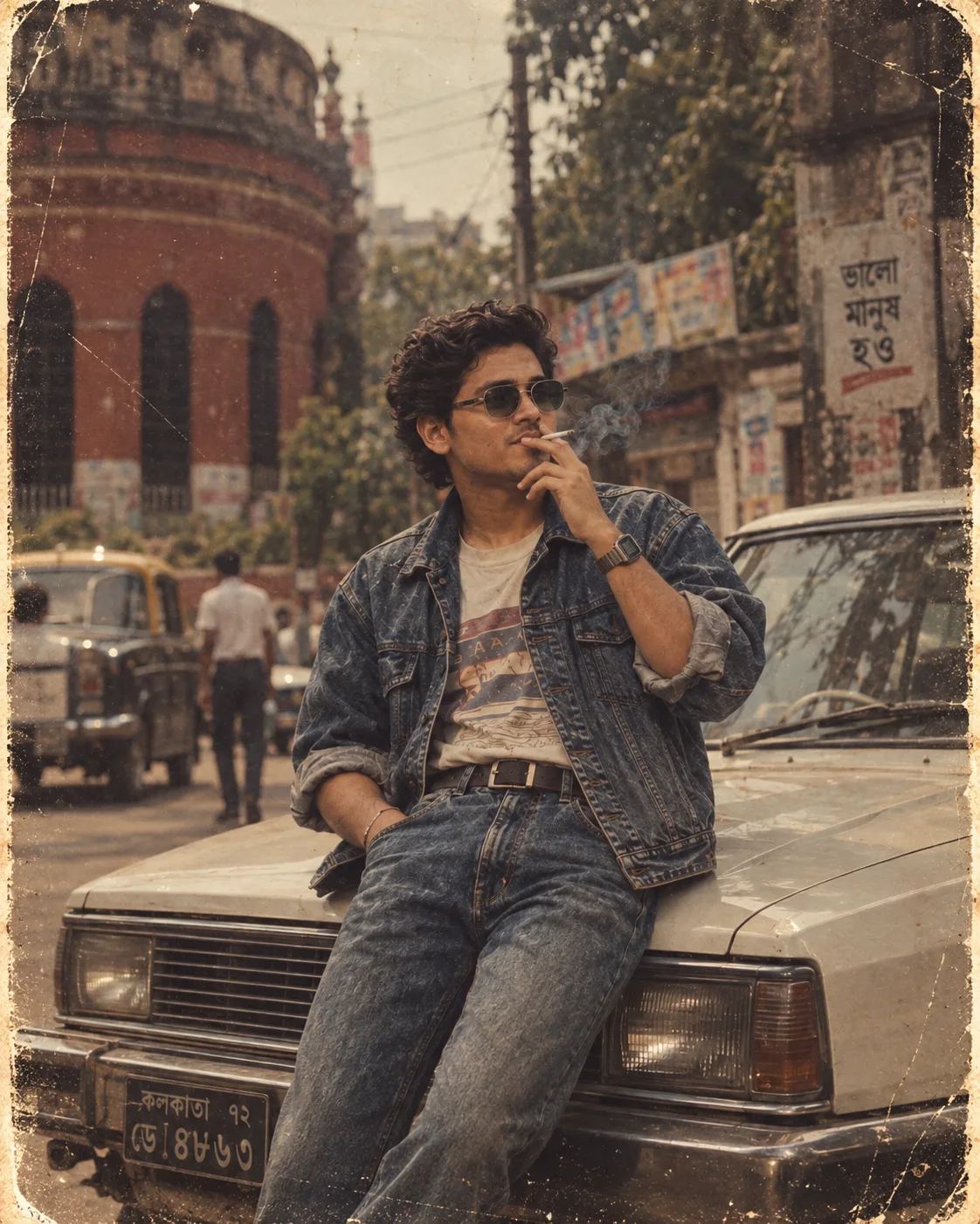 > Create a highly realistic vertical 4:5 cinematic vintage Indian street photograph using TWO image references.