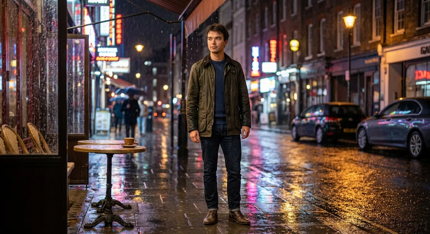 A photorealistic young man standing on a city street at night during light rain, glowing neon signs and warm street lights reflecting on