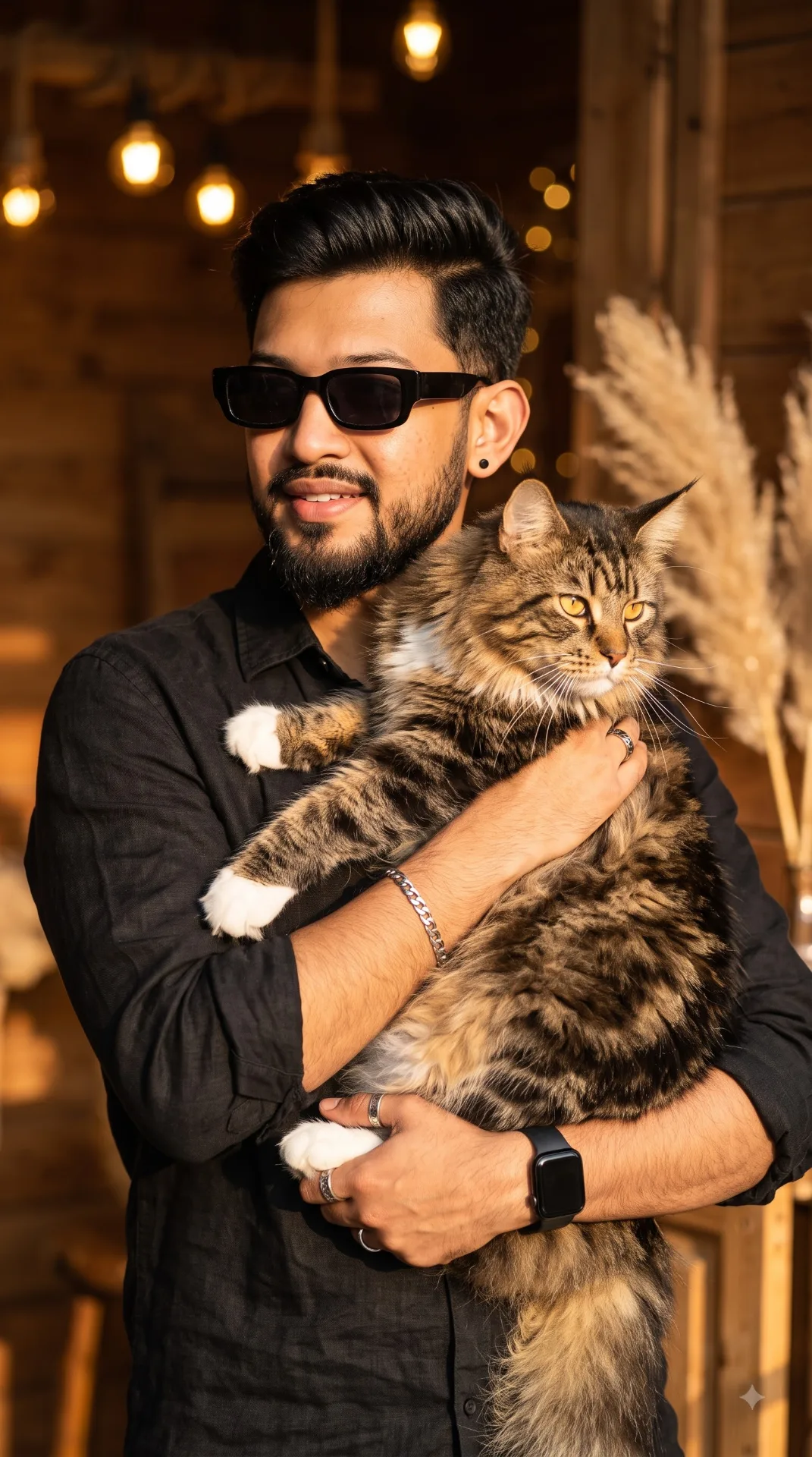 A young man in his late 20s with wavy black hair, beard and goatee, wearing black rectangular sunglasses, a small black stud earring in