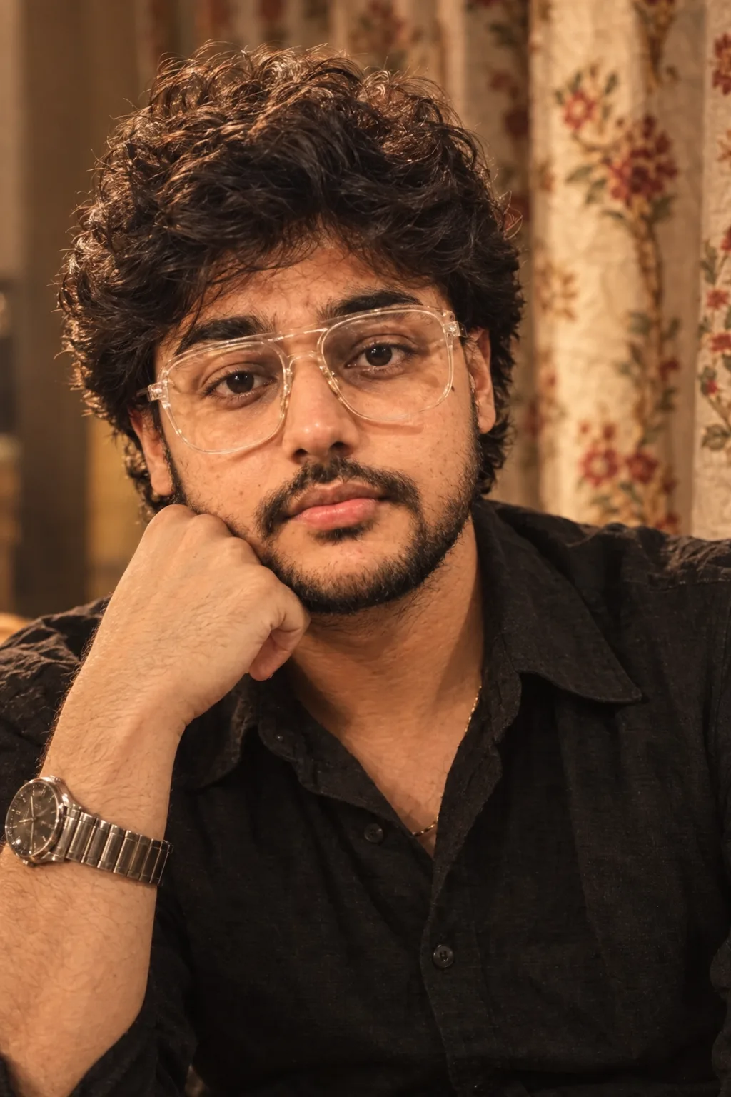 Ultra-realistic close-up portrait of a young South Asian man with thick, messy, dark black hair and a well-groomed short beard and