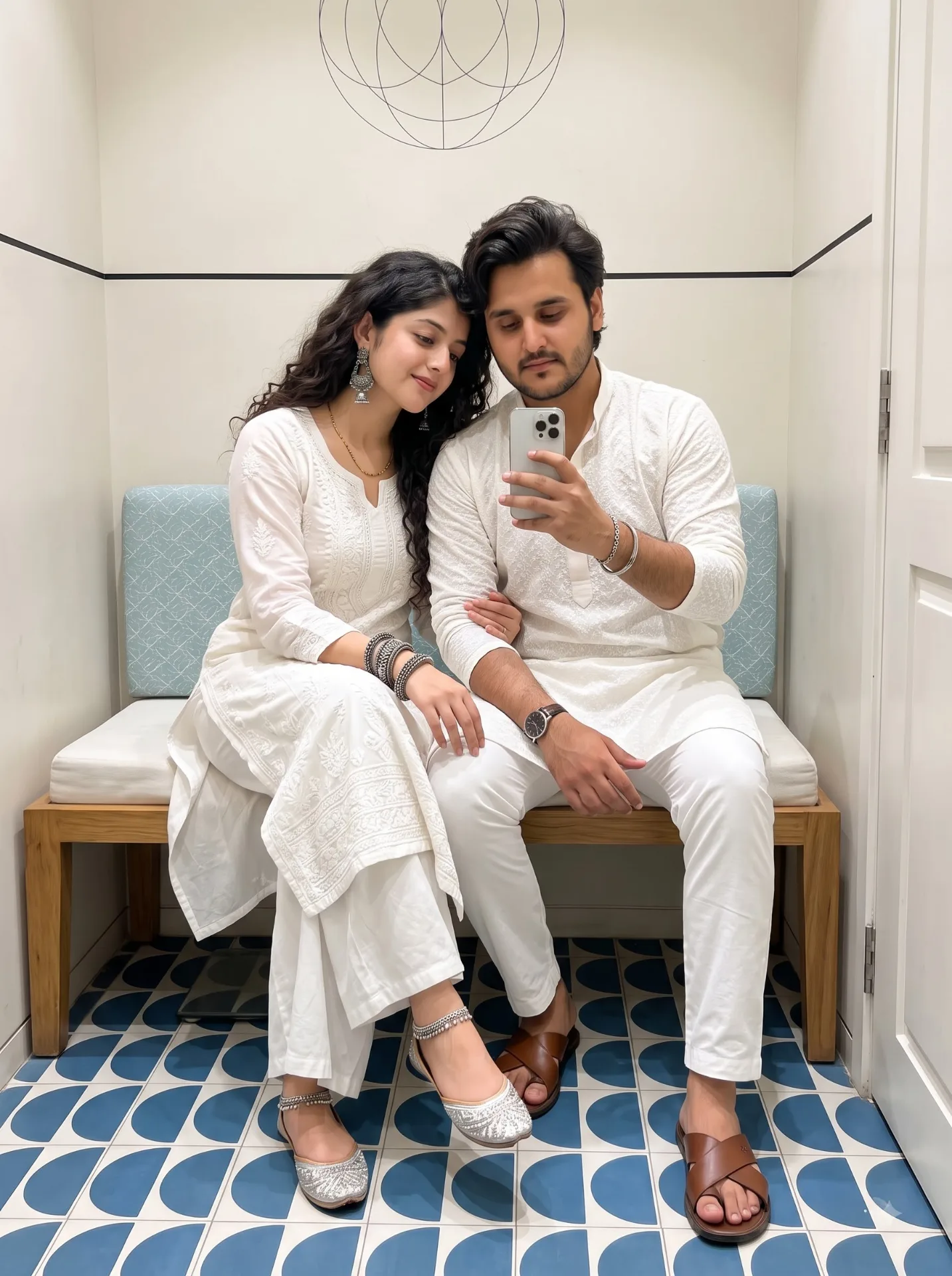 A hyper-realistic, 100% photorealistic mirror selfie of a young Indian couple sitting close together on a wooden bench indoors.